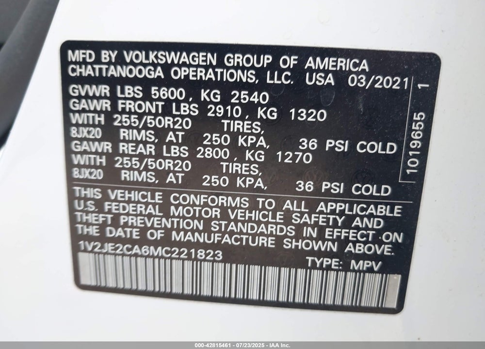 2021 VOLKSWAGEN ATLAS CROSS SPORT VIN: 1V2JE2CA6MC221823