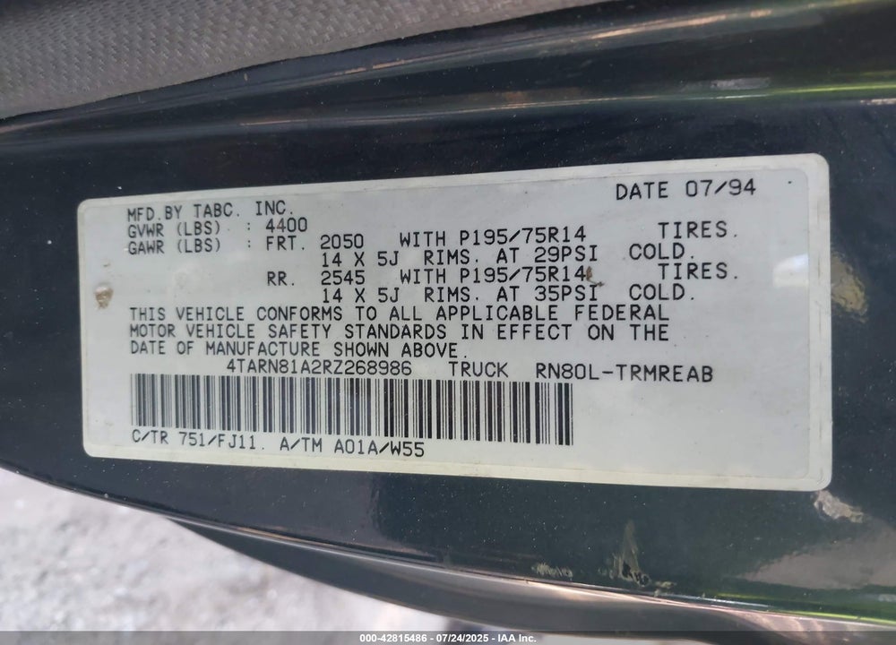 1994 TOYOTA PICKUP 1/2 TON SHORT WHLBASE STB VIN: 4TARN81A2RZ268986