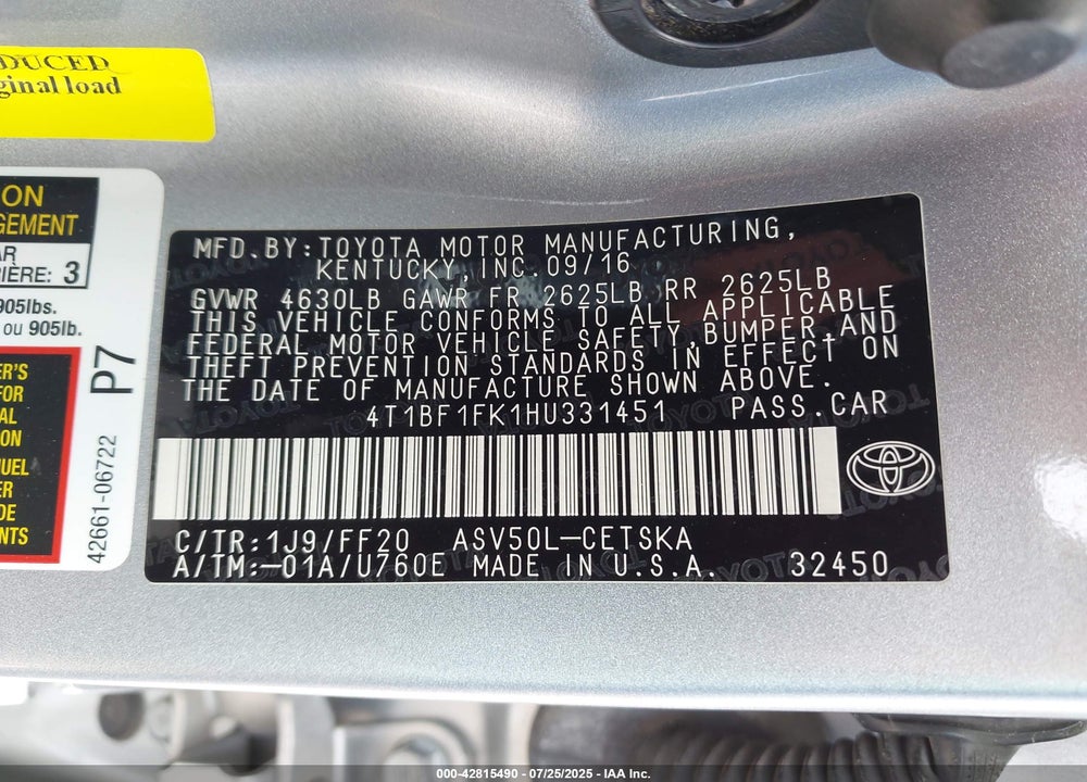 2017 TOYOTA CAMRY VIN: 4T1BF1FK1HU331451