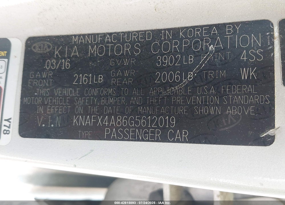 2016 KIA FORTE VIN: KNAFX4A86G5612019