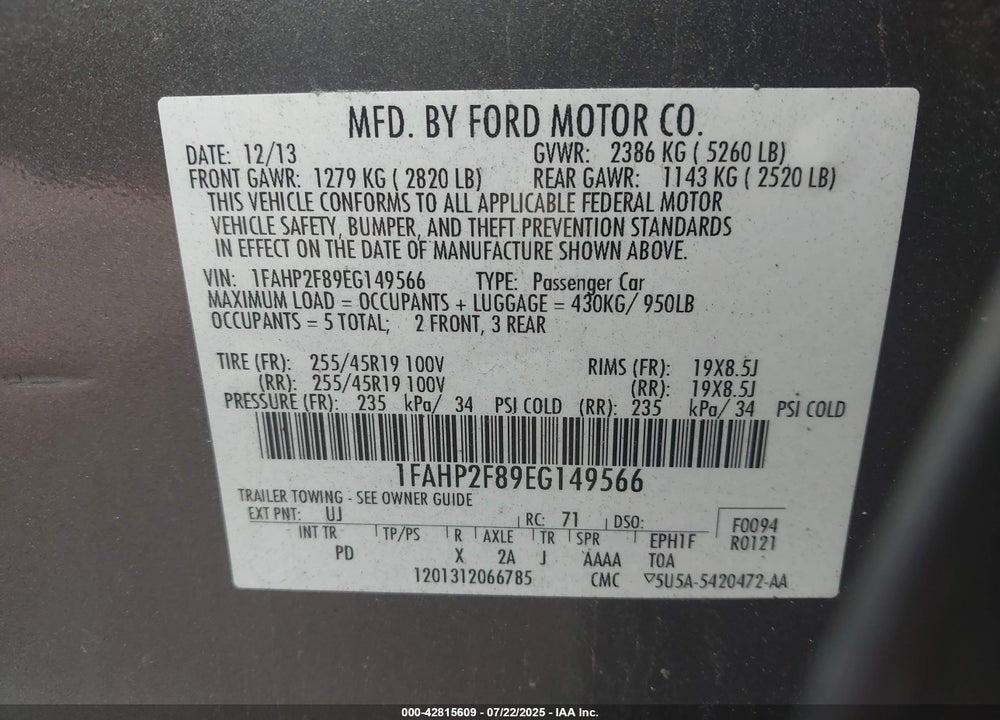 2014 FORD TAURUS VIN: 1FAHP2F89EG149566