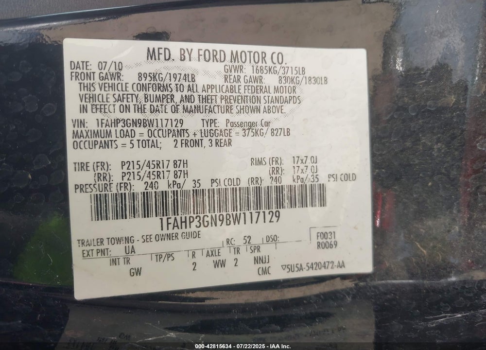 2011 FORD FOCUS VIN: 1FAHP3GN9BW117129