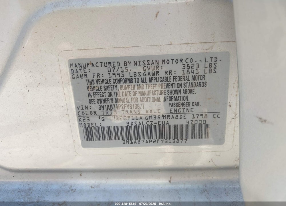2015 NISSAN SENTRA VIN: 3N1AB7AP2FY313877