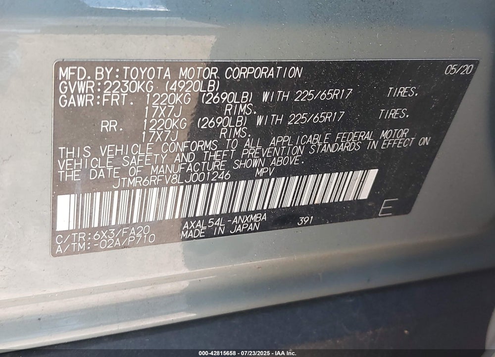 2020 TOYOTA RAV4 HYBRID VIN: JTMR6RFV8LJ001246
