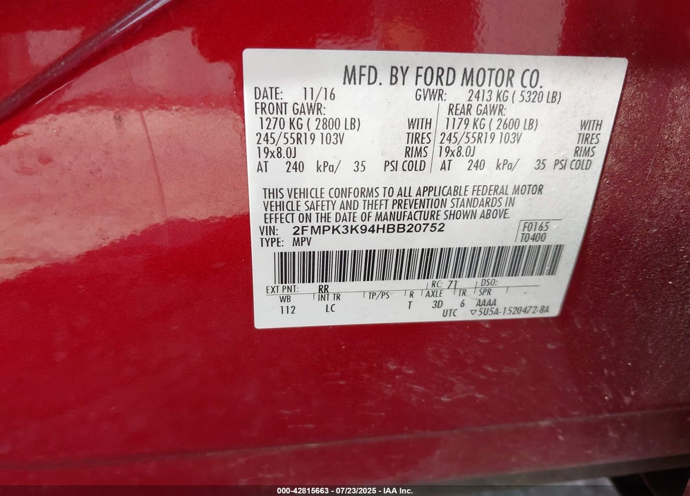 2017 FORD EDGE VIN: 2FMPK3K94HBB20752