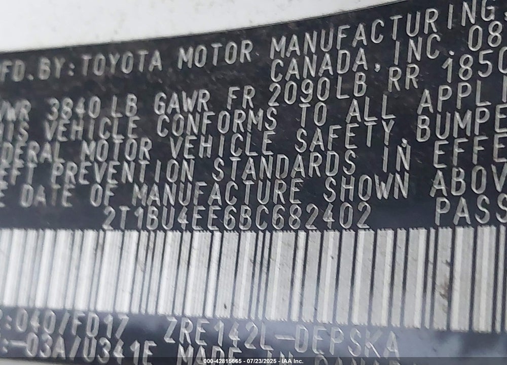 2011 TOYOTA COROLLA VIN: 2T1BU4EE6BC682402