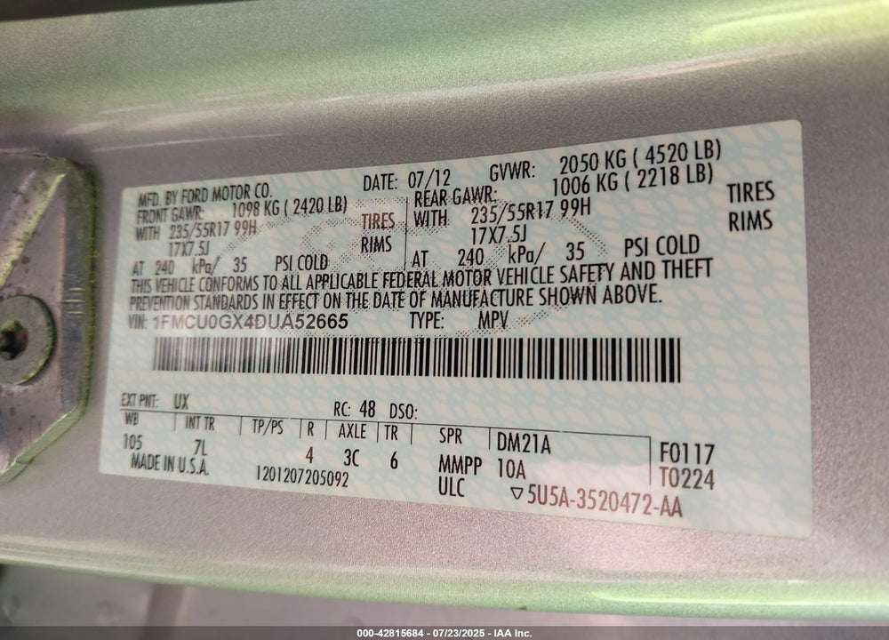 2013 FORD ESCAPE VIN: 1FMCU0GX4DUA52665