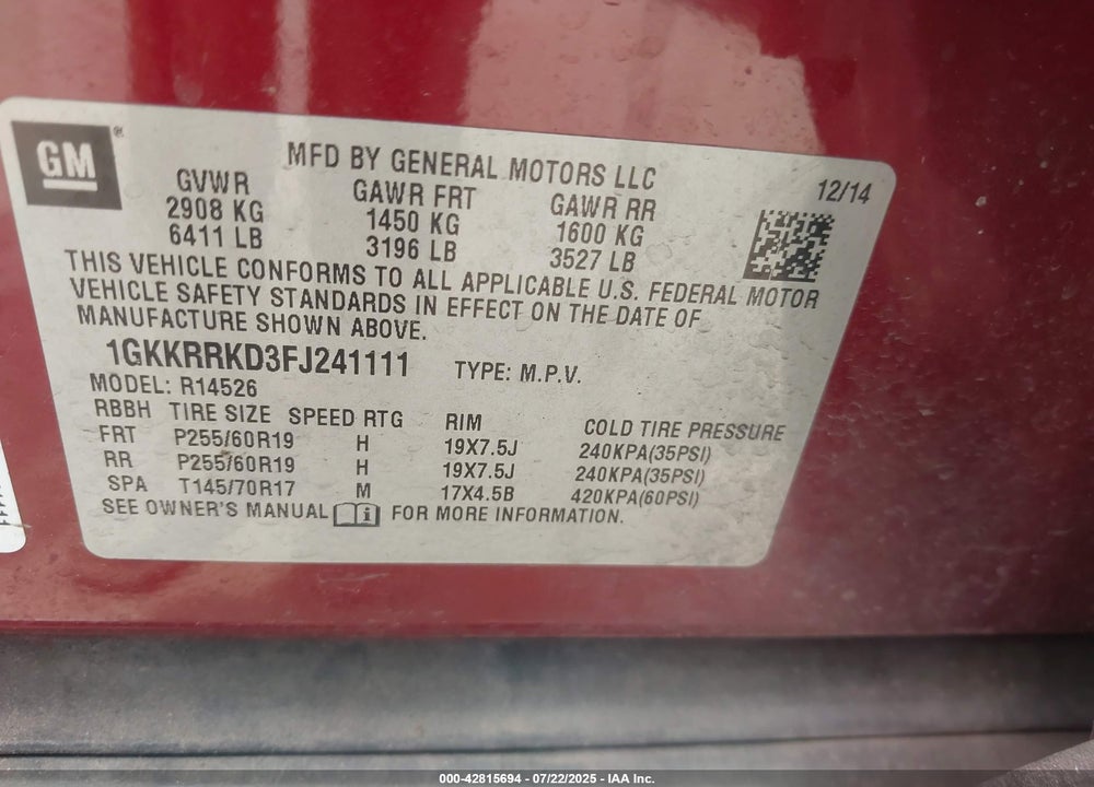 2015 GMC ACADIA VIN: 1GKKRRKD3FJ241111