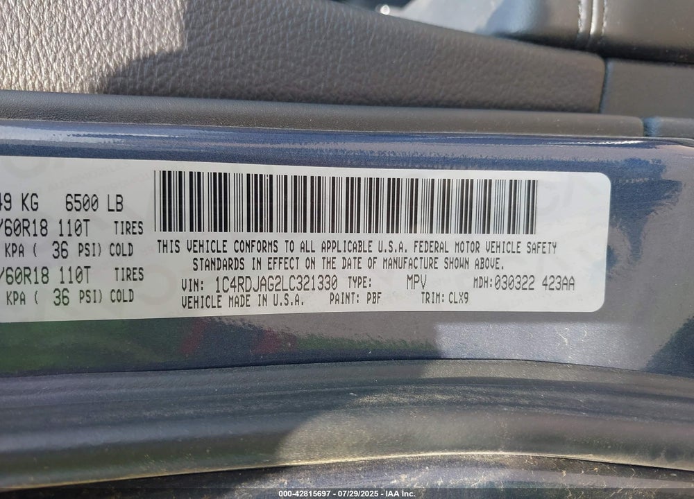 2020 DODGE DURANGO VIN: 1C4RDJAG2LC321330