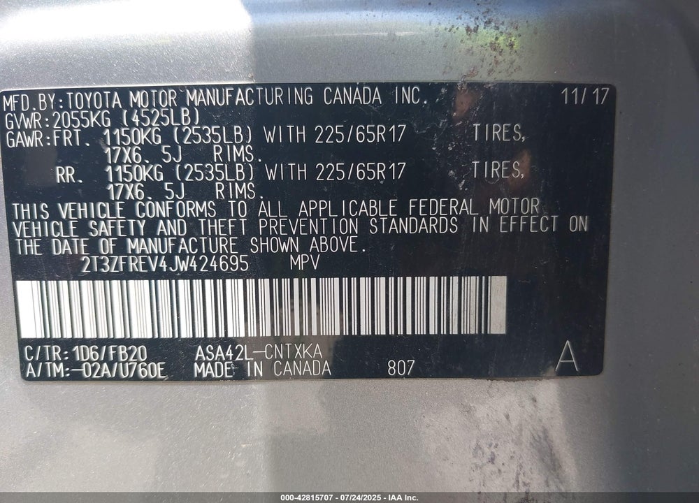 2018 TOYOTA RAV4 VIN: 2T3ZFREV4JW424695