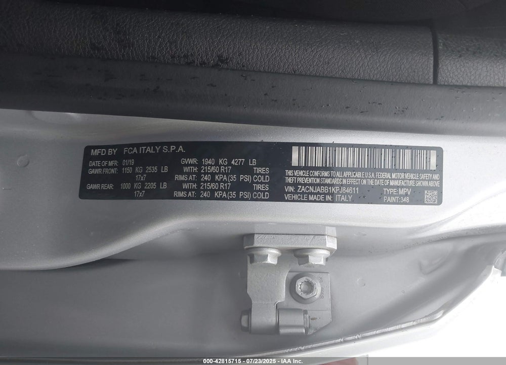 2019 JEEP RENEGADE LATITUDE FWD VIN: ZACNJABB1KPJ84611