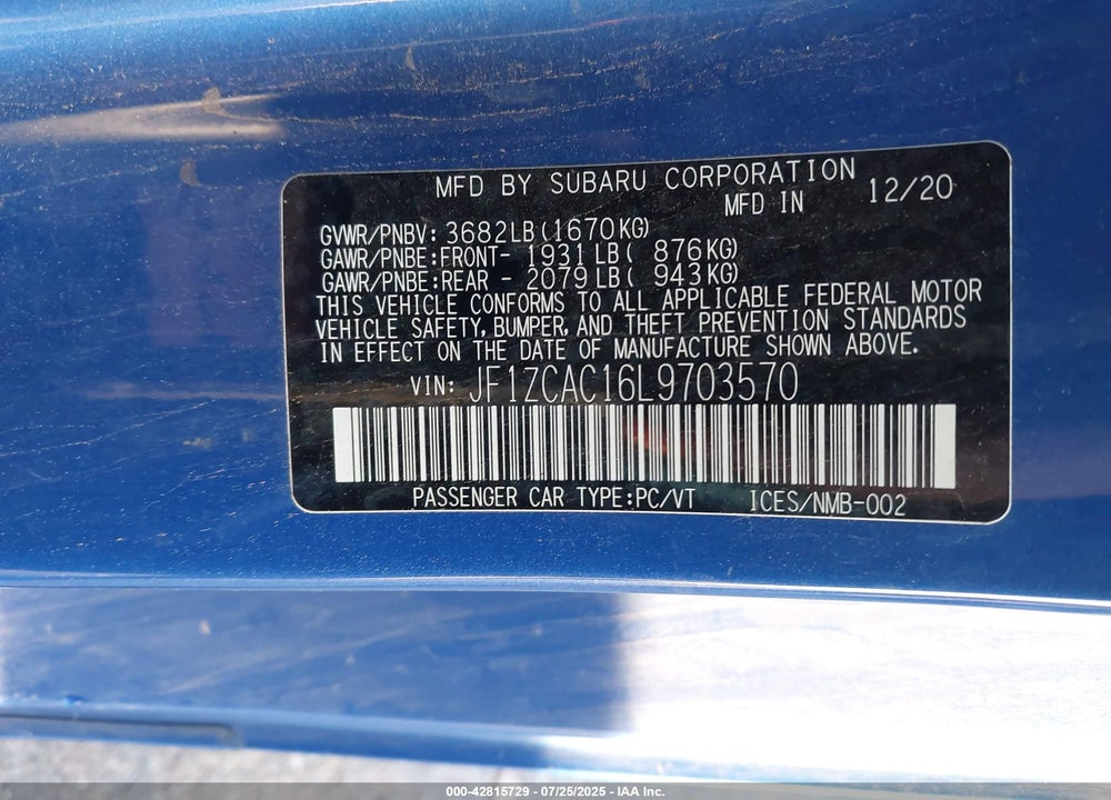 2020 SUBARU BRZ VIN: JF1ZCAC16L9703570