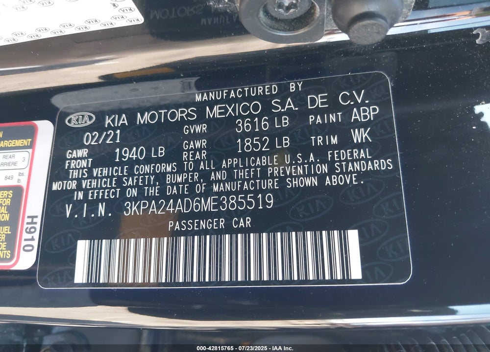 2021 KIA RIO VIN: 3KPA24AD6ME385519