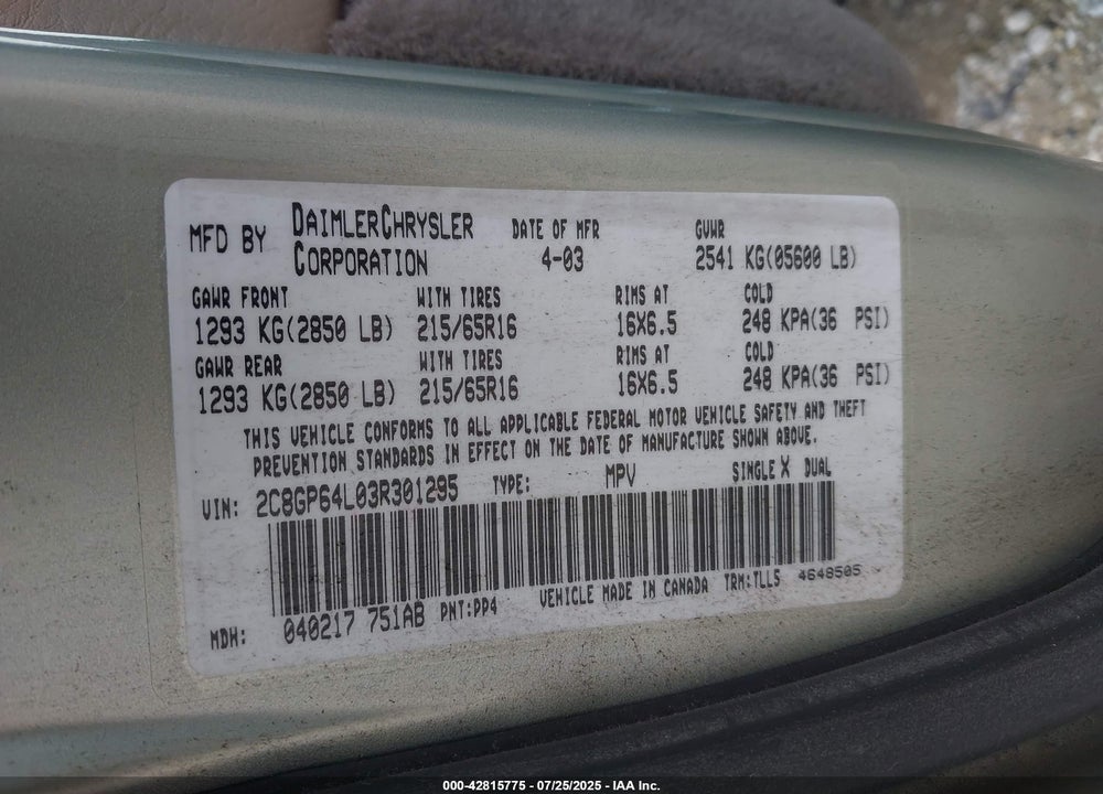 2003 CHRYSLER TOWN & COUNTRY VIN: 2C8GP64L03R301295