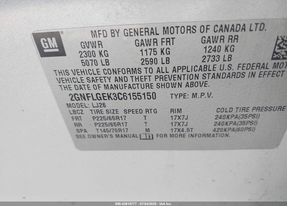 2012 CHEVROLET EQUINOX VIN: 2GNFLGEK3C6155150