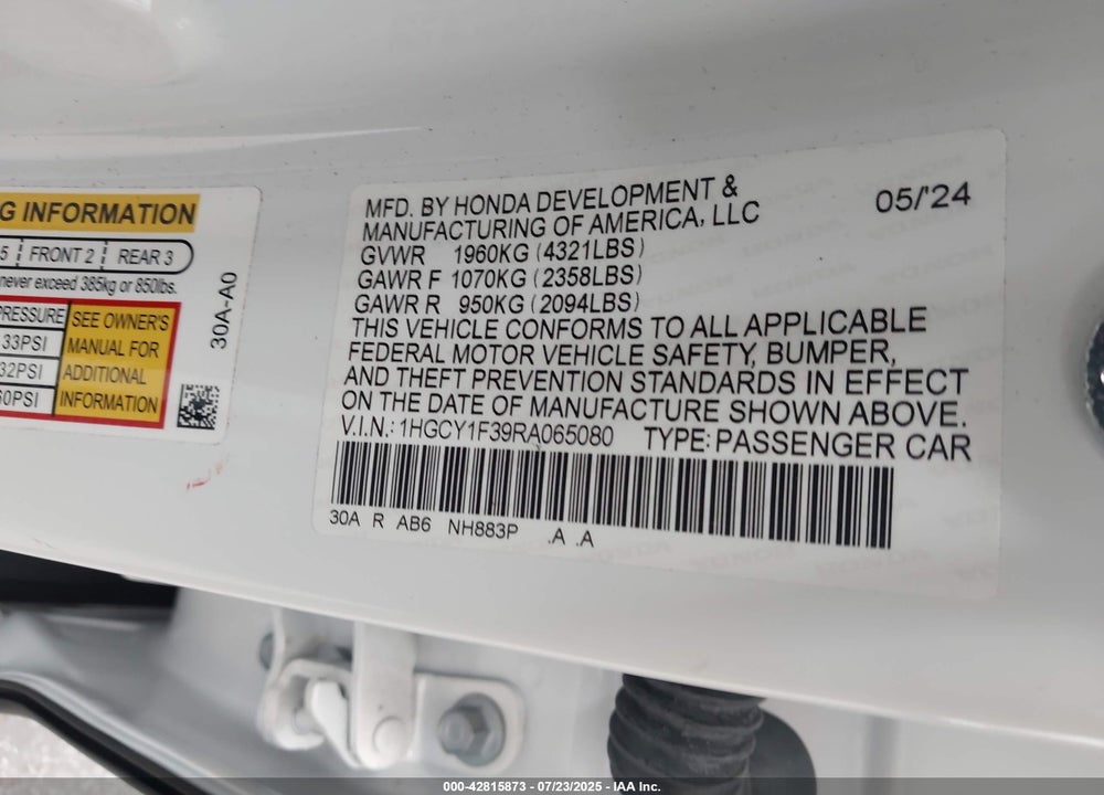 2024 HONDA ACCORD VIN: 1HGCY1F39RA065080