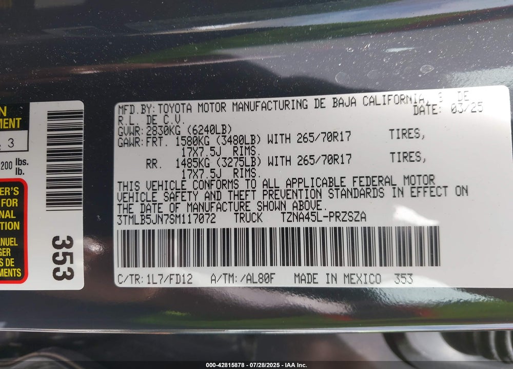 2025 TOYOTA TACOMA VIN: 3TMLB5JN7SM117072