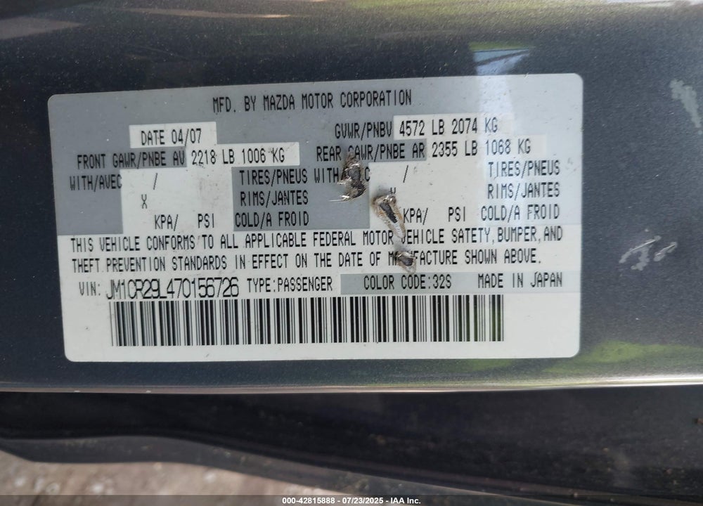 2007 MAZDA 5 VIN: JM1CR29L470156726