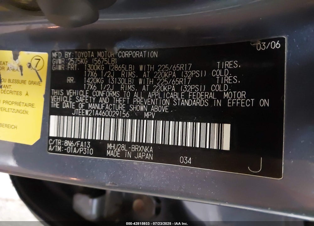 2006 TOYOTA HIGHLANDER HYBRID V6 VIN: JTEEW21A460029156