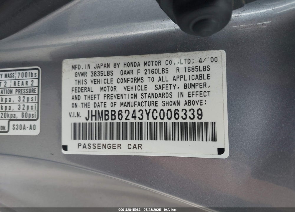 2000 HONDA PRELUDE VIN: JHMBB6243YC006339