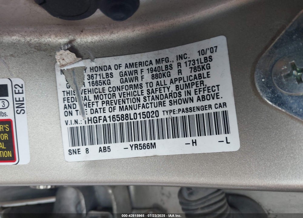 2008 HONDA CIVIC LX VIN: 1HGFA16588L015020