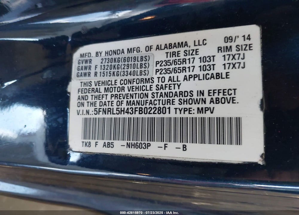 2015 HONDA ODYSSEY EX VIN: 5FNRL5H43FB022801