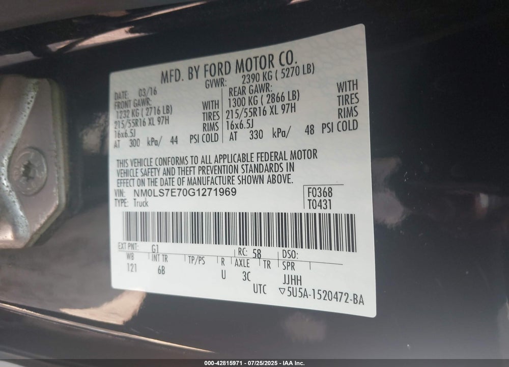 2016 FORD TRANSIT CONNECT XL VIN: NM0LS7E70G1271969