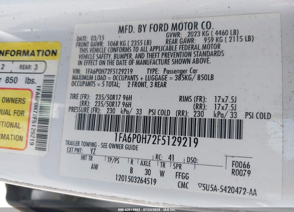 2015 FORD FUSION VIN: 1FA6P0H72F5129219