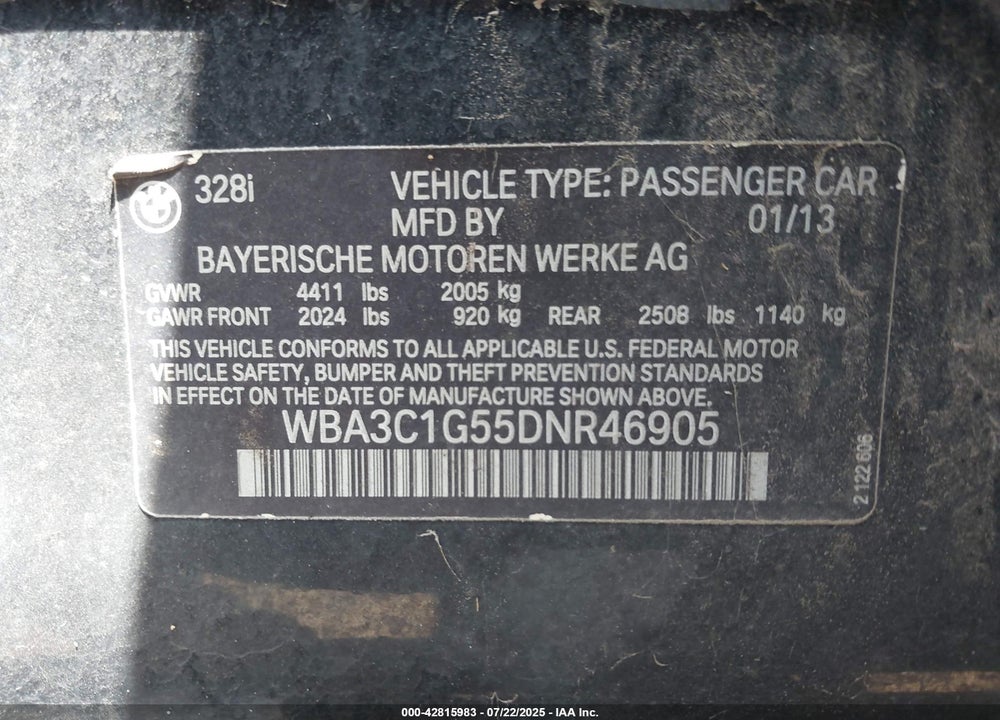 2013 BMW 3 SERIES VIN: WBA3C1G55DNR46905
