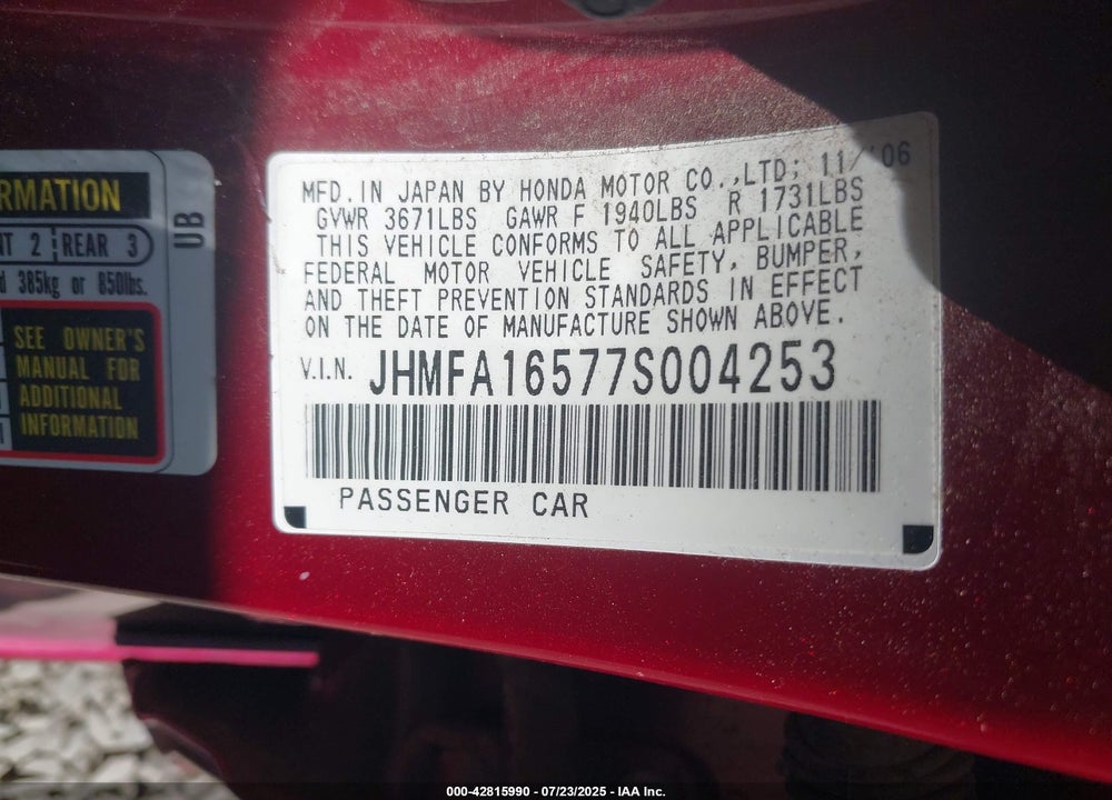 2007 HONDA CIVIC LX VIN: JHMFA16577S004253