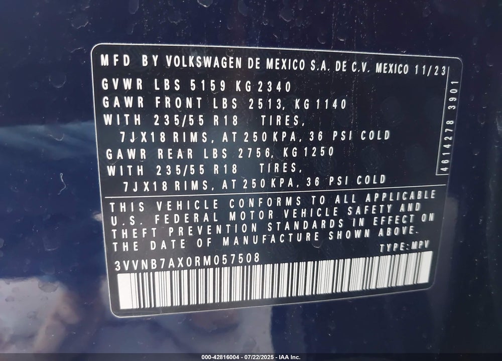 2024 VOLKSWAGEN TIGUAN VIN: 3VVNB7AX0RM057508
