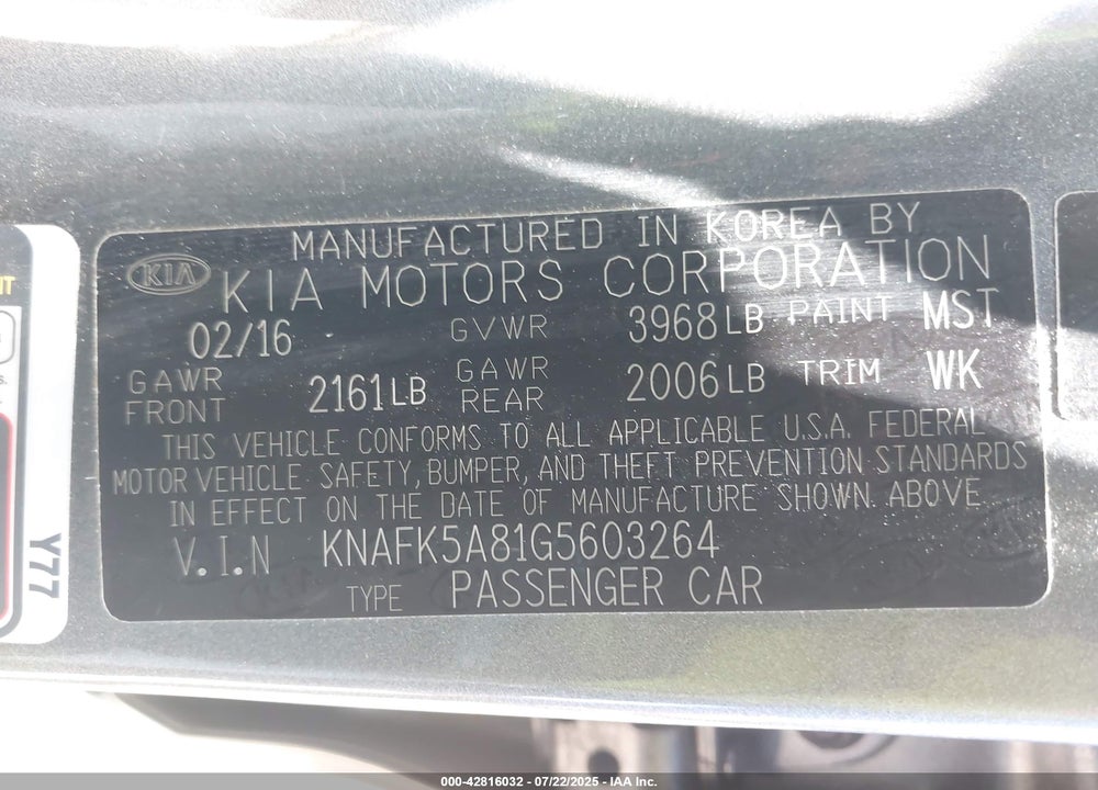 2016 KIA FORTE VIN: KNAFK5A81G5603264