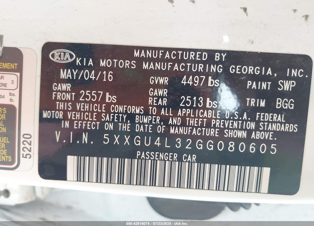 2016 KIA OPTIMA VIN: 5XXGU4L32GG080605
