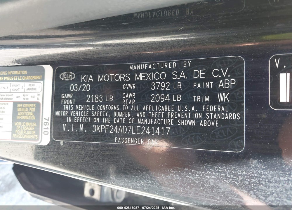 2020 KIA FORTE VIN: 3KPF24AD7LE241417