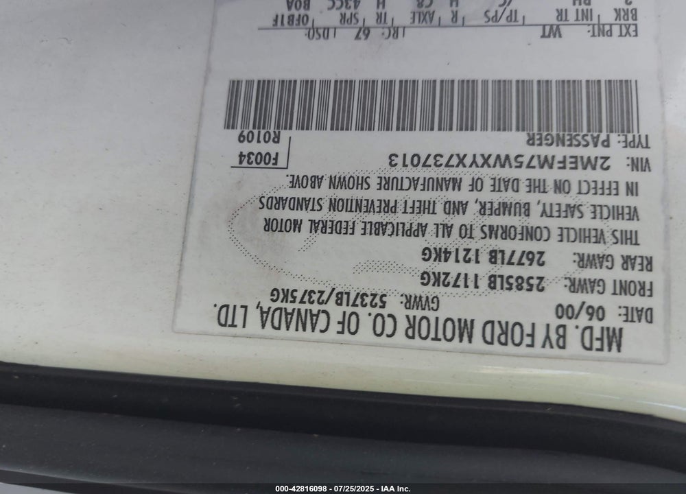 2000 MERCURY GRAND MARQUIS LS VIN: 2MEFM75WXYX737013