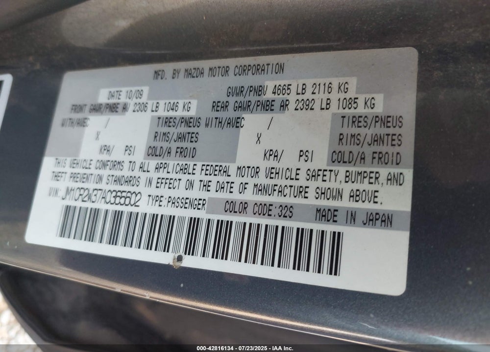 2010 MAZDA 5 VIN: JM1CR2W37A0365602