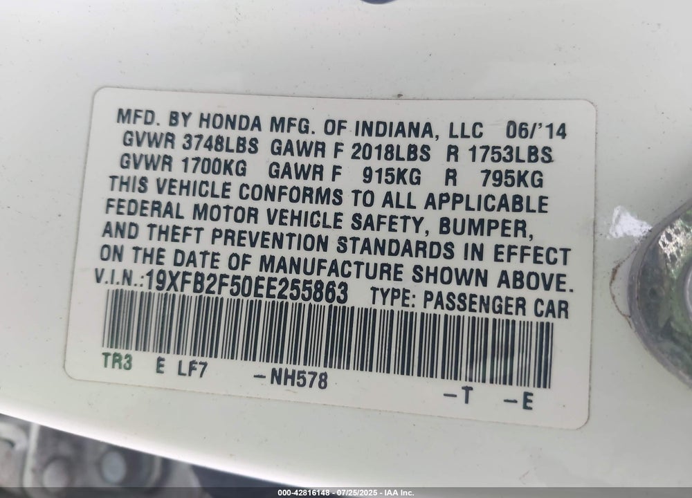 2014 HONDA CIVIC VIN: 19XFB2F50EE255863