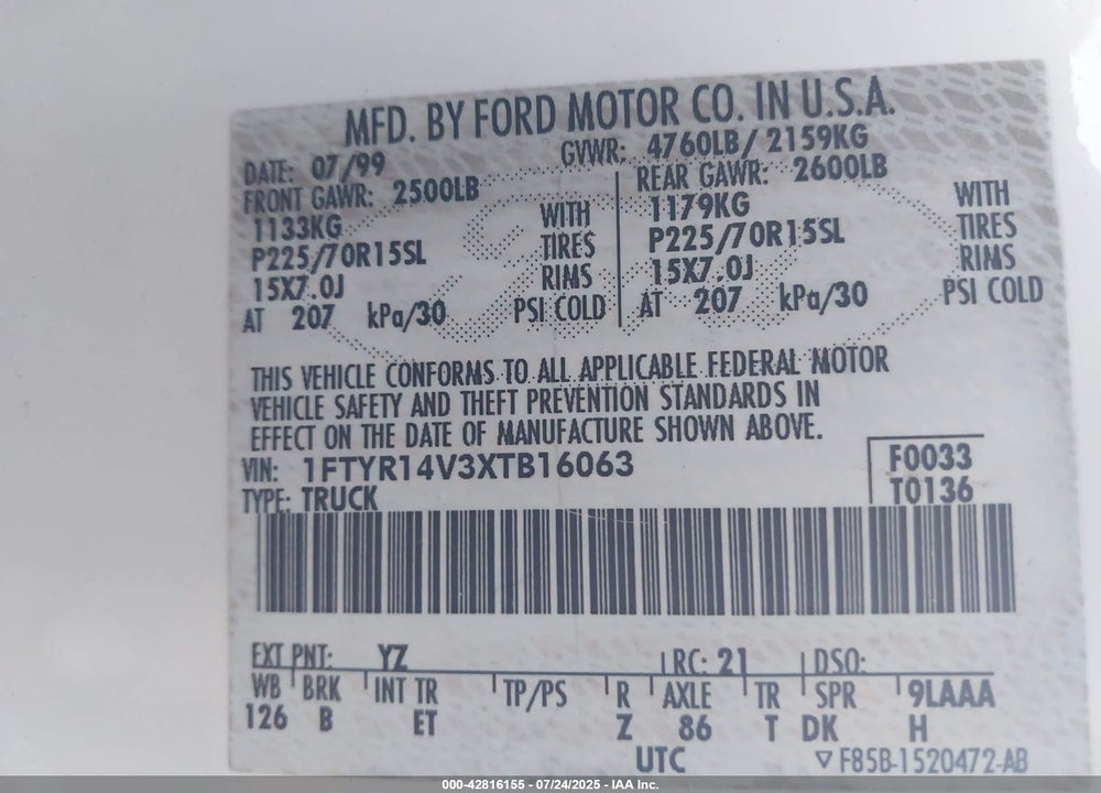 1999 FORD RANGER VIN: 1FTYR14V3XTB16063
