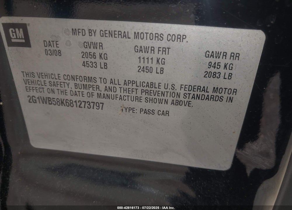 2008 CHEVROLET IMPALA VIN: 2G1WB58K681273797