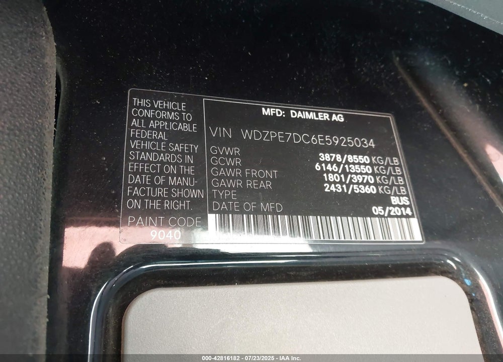 2014 MERCEDES-BENZ SPRINTER 2500 VIN: WDZPE7DC6E5925034