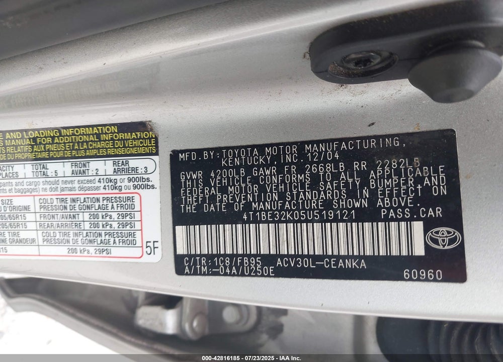 2005 TOYOTA CAMRY LE VIN: 4T1BE32K05U519121