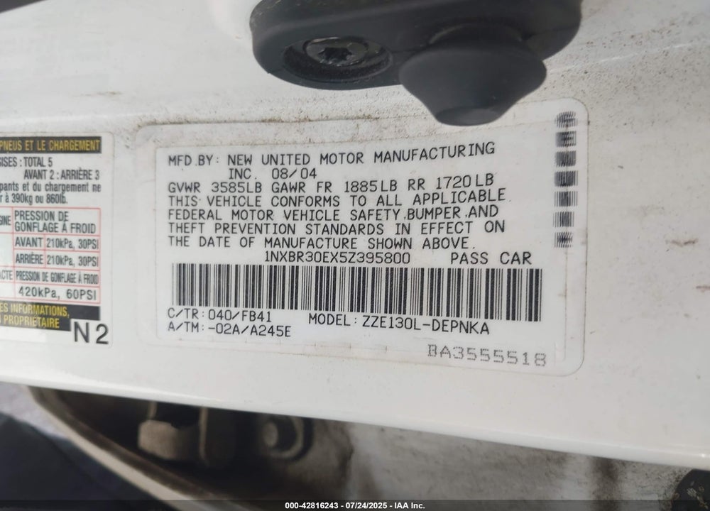 2005 TOYOTA COROLLA LE VIN: 1NXBR30EX5Z395800
