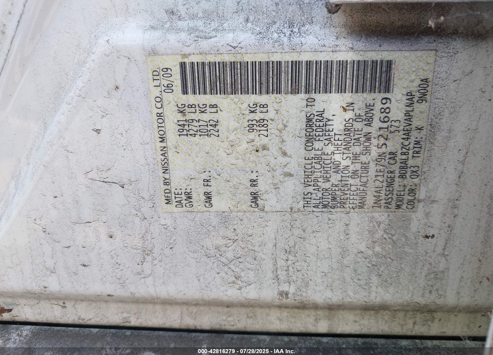 2009 NISSAN ALTIMA VIN: 1N4AL21E79N521689
