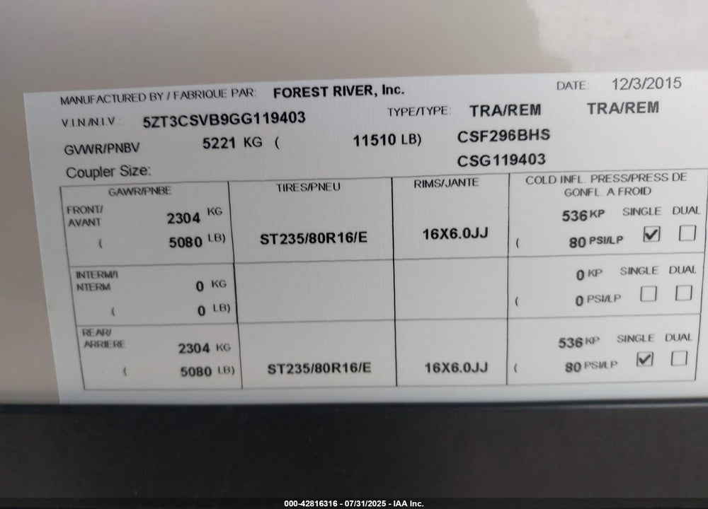 2016 PRIME TIME CRUSADER 35' 5TH WHEEL VIN: 5ZT3CSVB9GG119403