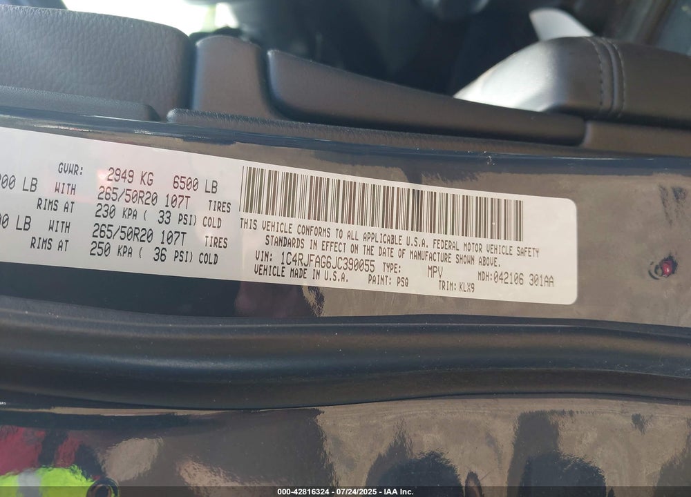 2018 JEEP GRAND CHEROKEE VIN: 1C4RJFAG6JC390055