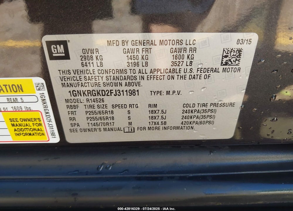 2015 CHEVROLET TRAVERSE VIN: 1GNKRGKD2FJ311981
