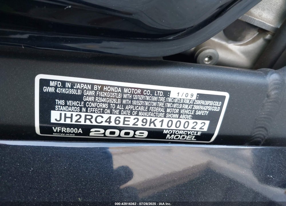2009 HONDA VFR800 VIN: JH2RC46E29K100022