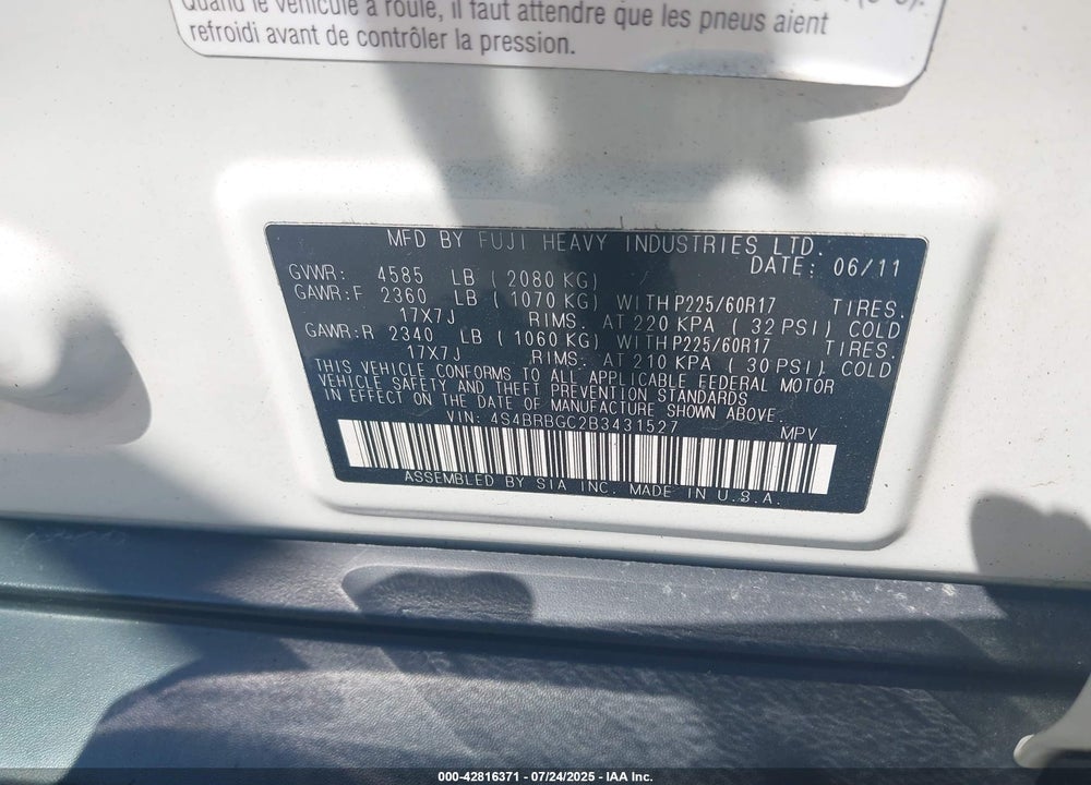 2011 SUBARU OUTBACK VIN: 4S4BRBGC2B3431527