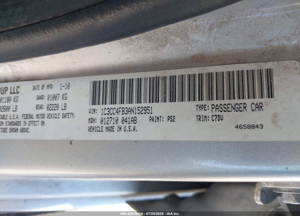 2010 CHRYSLER SEBRING VIN: 1C3CC4FB3AN152951