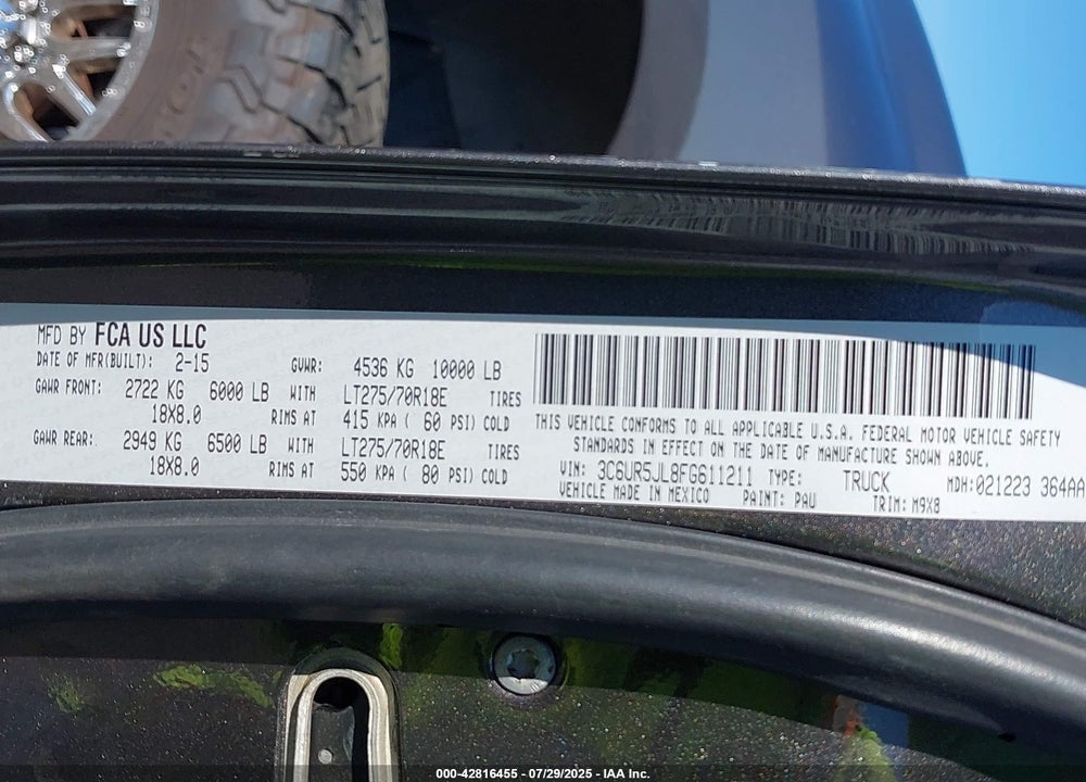 2015 RAM 2500 VIN: 3C6UR5JL8FG611211